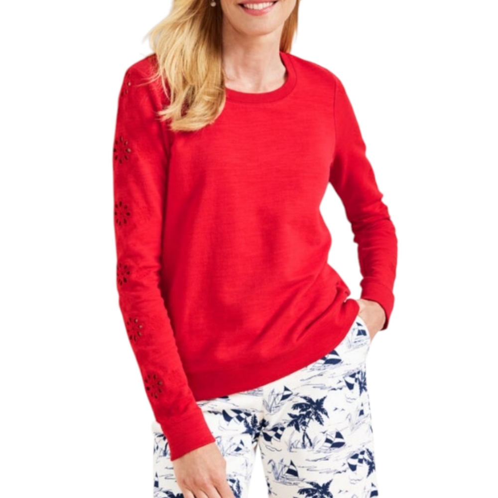 Talbots Womens Red Cotton Eyelet Floral Embroidered Long Sleeve Crewneck Top XL